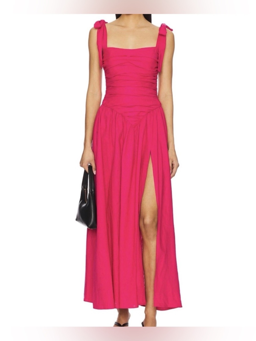 Bardot Mirelle Hot Pink Linen Blend Ruched Maxi Dress Tie Straps USA 10 Slit